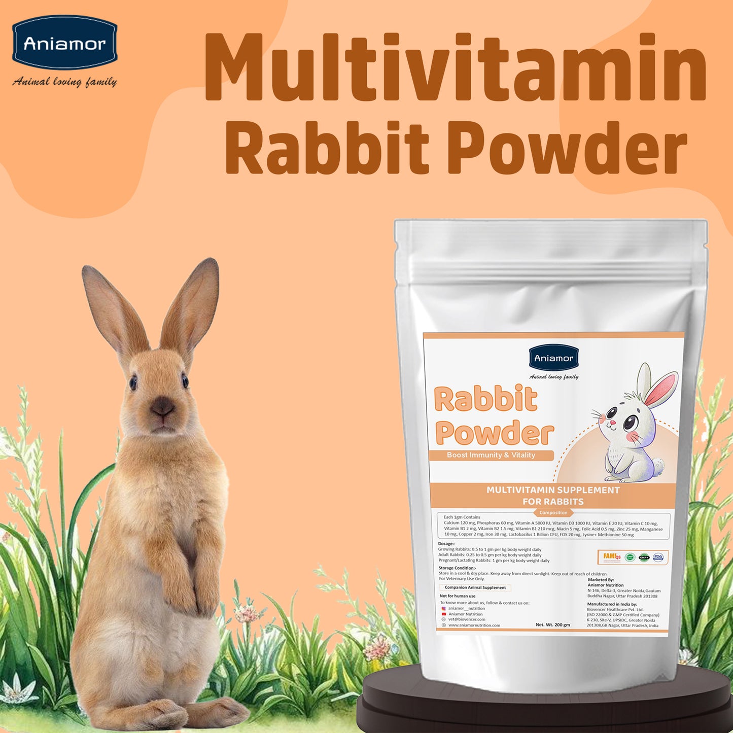 Bunny Overall Vital Powder | Calcium Phosphorus Vitamin A Vitamin D3 Vitamin E Vitamin C with Lactobacillus | 200 gm