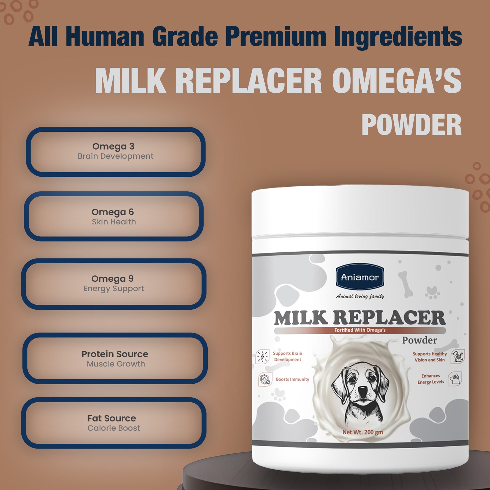Milk replacer powder fortified with omega's Ingredients benefits for pets