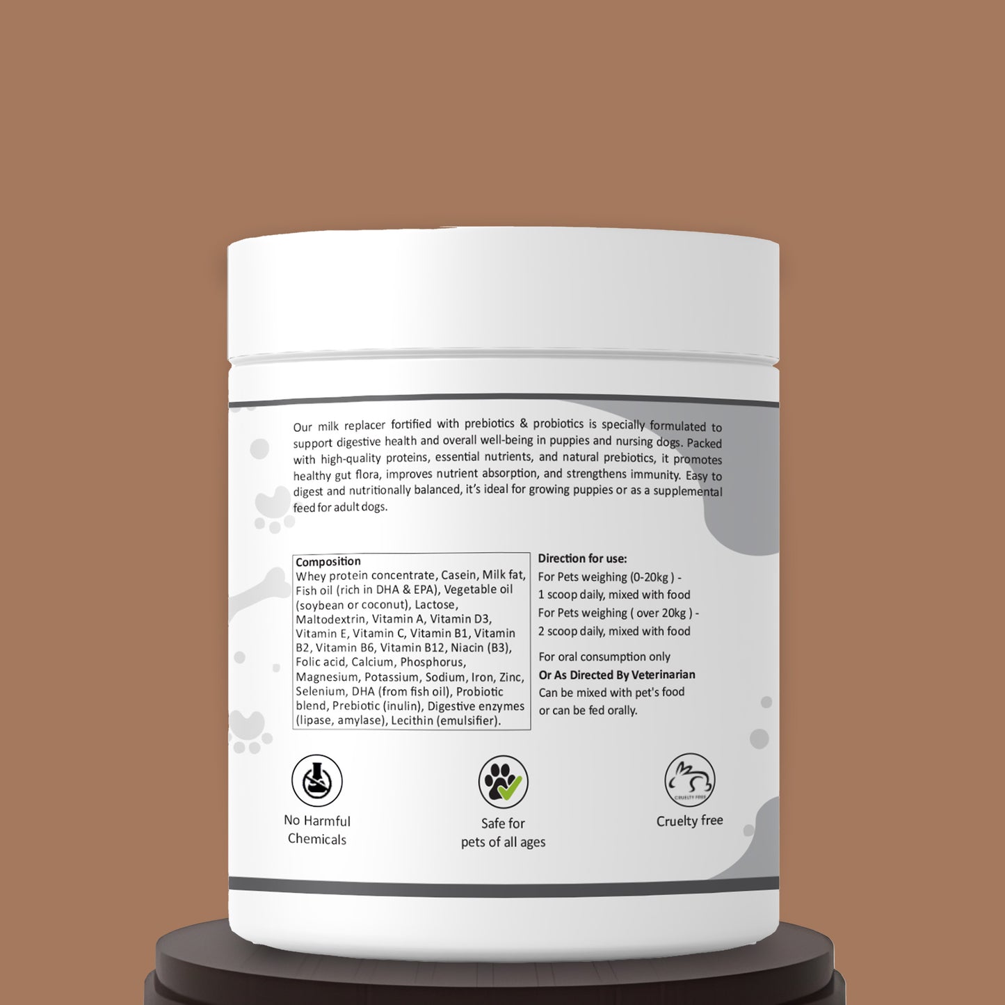 Milk replacer powder fortified with prebiotics and probiotics Composition
