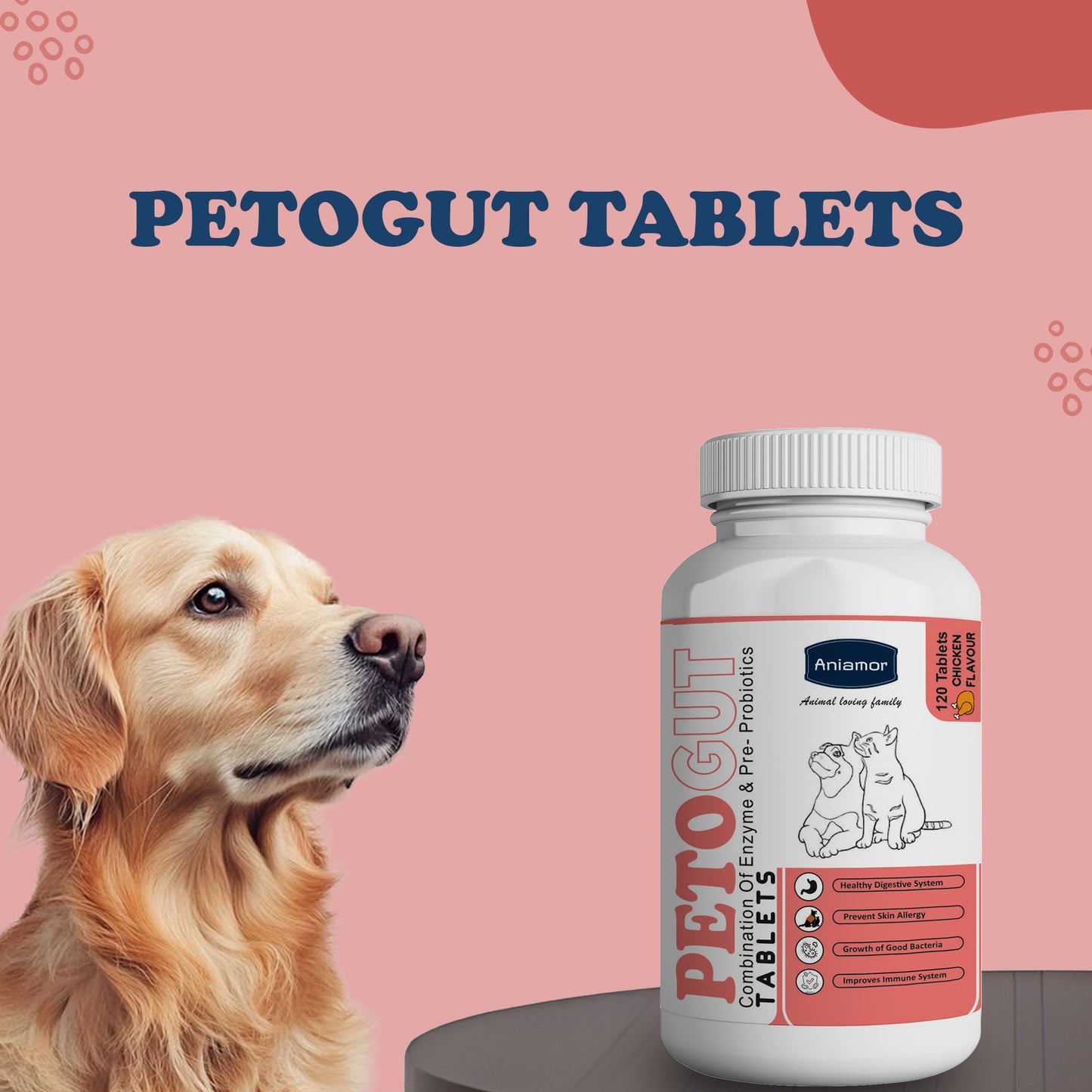 Petogut Tablet for Dogs & Cats | Enzyme complex, Probiotic blend, FOS, Inulin | Chicken Flavour | 60 Tablets | All Life Stages