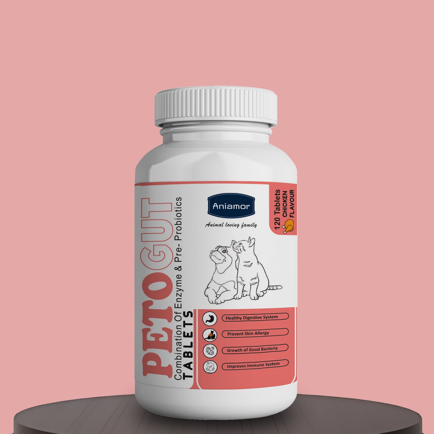 Petogut Tablet for Dogs & Cats | Enzyme complex, Probiotic blend, FOS, Inulin | Chicken Flavour | 60 Tablets | All Life Stages