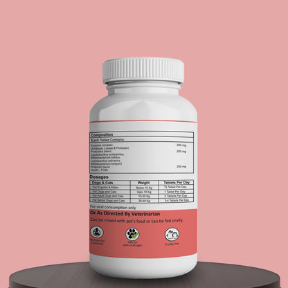 Petogut Tablet for Dogs & Cats | Enzyme complex, Probiotic blend, FOS, Inulin | Chicken Flavour | 60 Tablets | All Life Stages