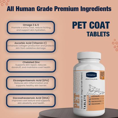 Pet Coat Tablets for Dog and Cat | Omega 3&6, Ascorbic acid, EPA,DHA | 60 Tablets