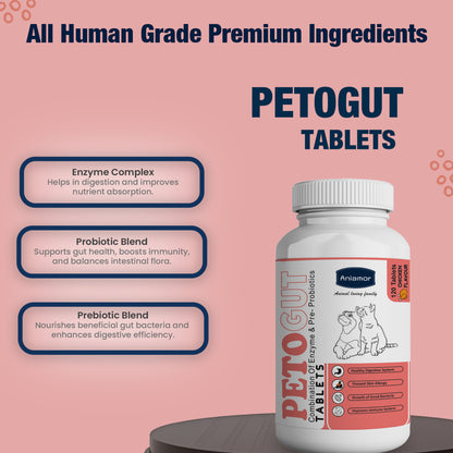 Petogut Tablet for Dogs & Cats | Enzyme complex, Probiotic blend, FOS, Inulin | Chicken Flavour | 60 Tablets | All Life Stages