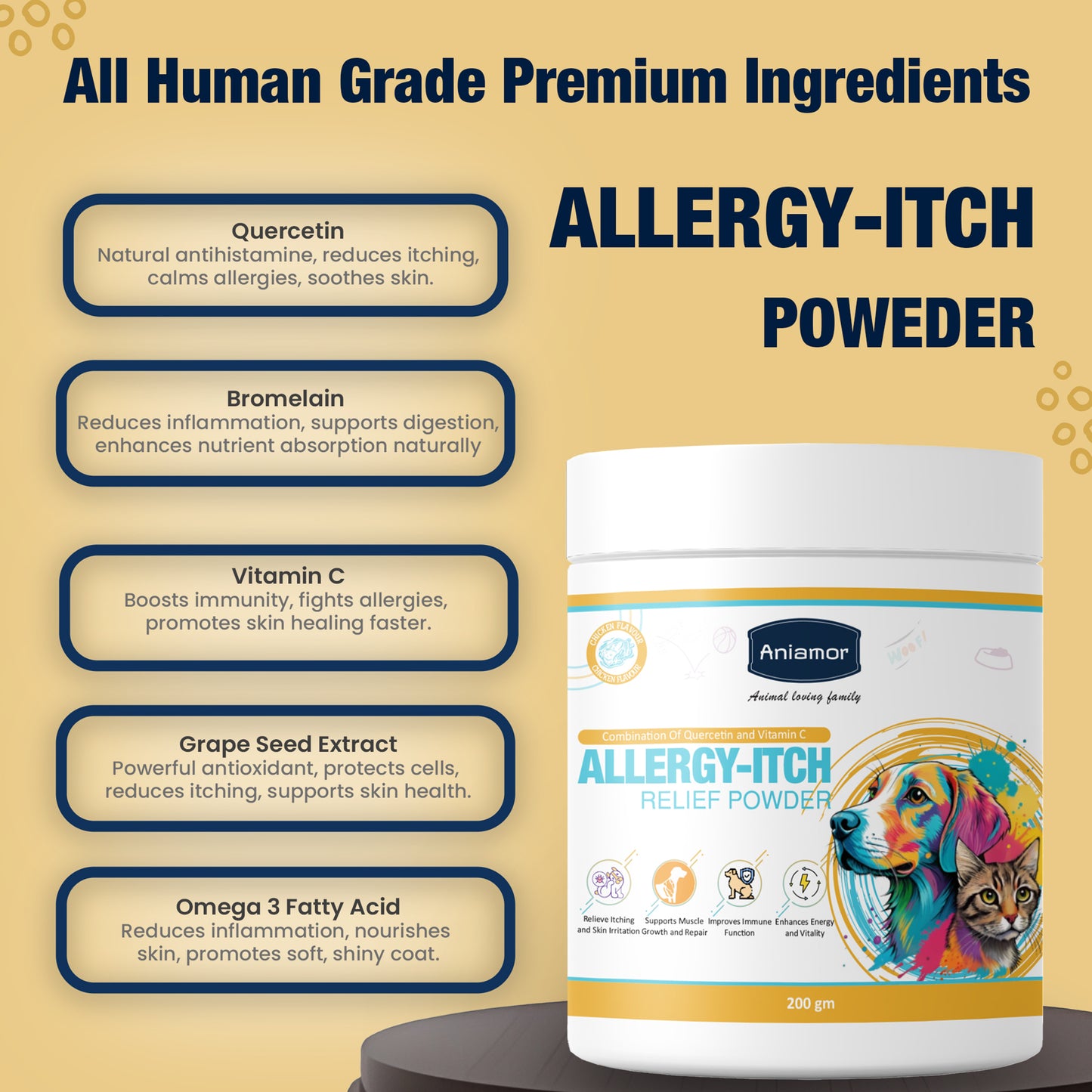 Allergy Itch Relief  Powder | Quercetin, Bromelain, Grape Seed Extract and Omega 3 | 200 gm jar