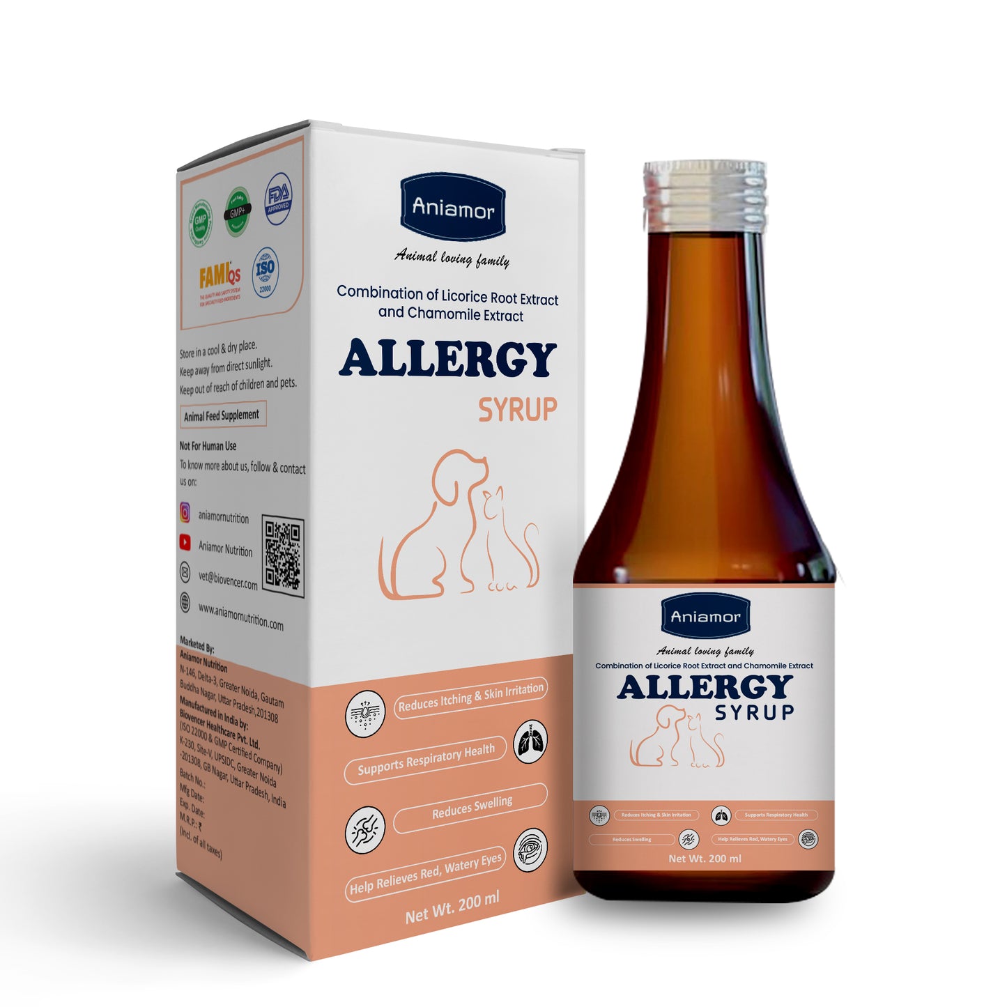 Aniamor Allergy Syrup For Dogs and Cats|Skin & Coat|Pets Supplement|All Life Stage|200ml Bottle