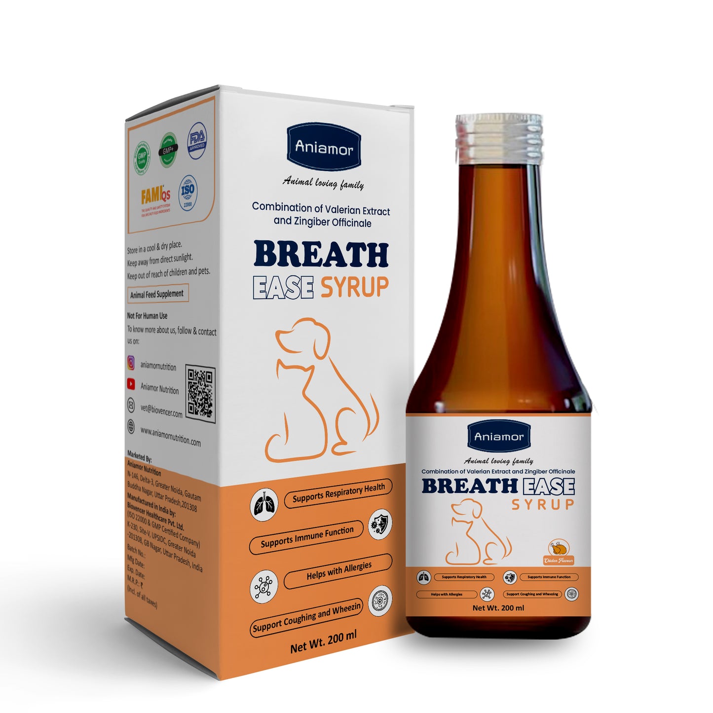 Aniamor Breath Ease Syrup For Dogs and Cats |Immunity Booster|Pets Supplement|All Life Stage|200ml Bottle